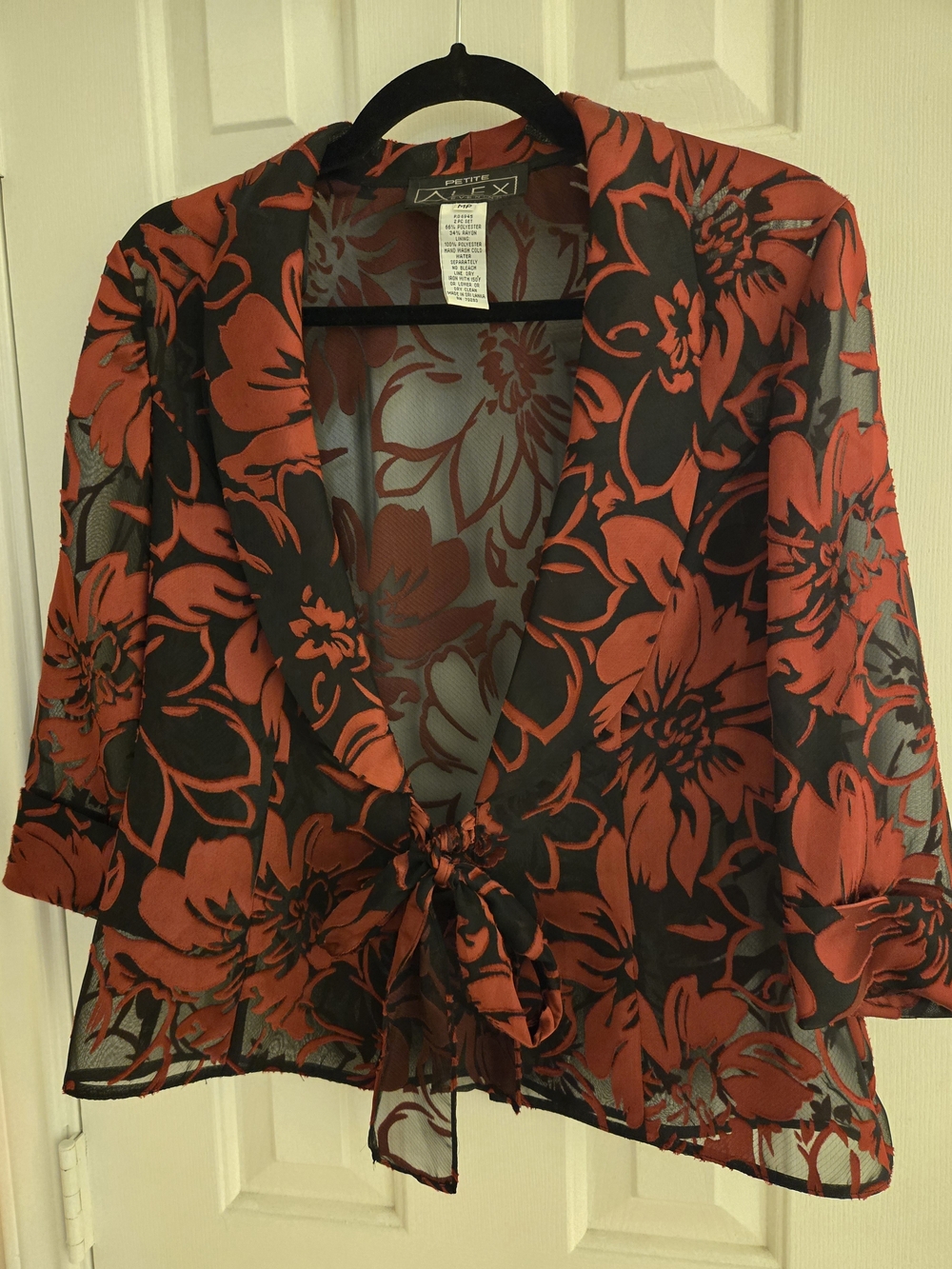 Alex Evenings Black Sheer Tie-Front Blouse with Red Floral Print Med P NWOT